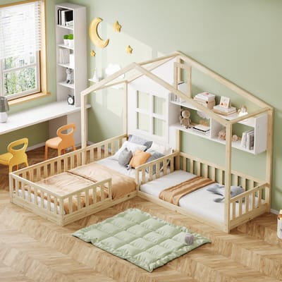 Sweiko Kinderbed - 90x200 cm (140x70 cm) - Opbergplank - LED-verlichting - Veiligheidsrails - Wit + Natuurlijke