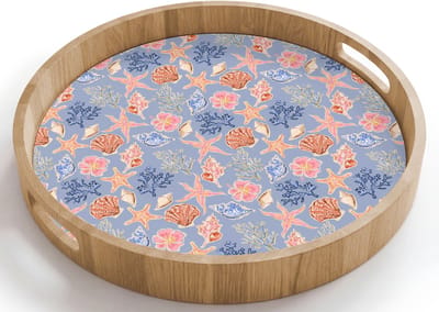 Dienblad rond 40x40 cm - Schootdienblad hout - Kust - Zee - Blauw - Roze - Borrelplank rechthoek - Plateau houten dienbladen