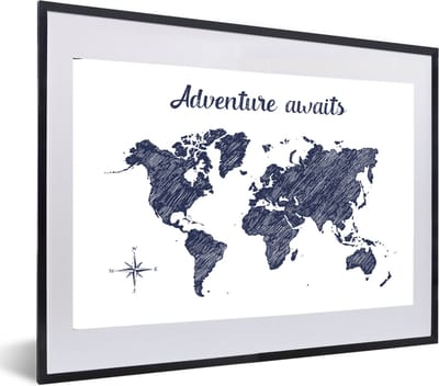 Poster in lijst - Fotolijst 60x40 cm - Posters - Wereldkaart - Blauw - Quote - Posterlijst zwart - Decoratie - Wanddecoratie woonkamer - Muurdecoratie slaapkamer