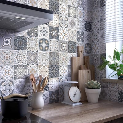 Zelfklevende tegelmuurstickers voor keuken en badkamer - 9 cementtegelstickers, Azulejos Orfeo-stijl - 9 stickers, 40x40 cm