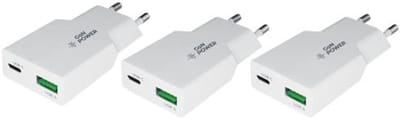 3 stuks OneOne 20W snellader met 2 poorten. USB C en USB A. Platte GAN Quick Charge lader. PD PPS oplader adapter past op Universeel Microsoft, Lenovo, Honor, Samsung Galaxy, Motorola Moto, Google Pixel, Xiaomi, Apple iPhone / iPad