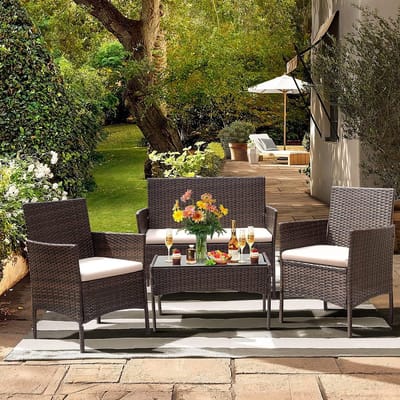 Buitentuinset met Tuintafel, 2 Stoelen en Bank met Kussens - Weerbestendig Rotan Design