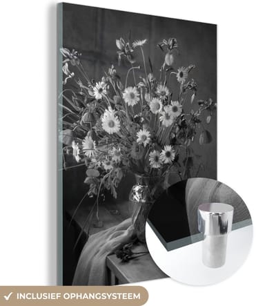 MuchoWow® Glasschilderij 120x160 cm - Schilderij acrylglas - Boeket - Bloemen - Olieverf - Stilleven - Zwart - Wit - Foto op glas - Muurdecoratie woonkamer - Wanddecoratie slaapkamer - Schilderijen