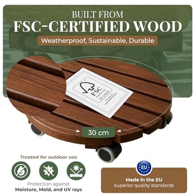 Plantenroller Rond 30 cm - Modern Design in Donker Hout, 100 kg Draagkracht met 360° Zwenkwielen voor Binnen en Buiten