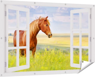 Gards Tuinposter Doorkijk Bruin Paard in de Wei - 150x100 cm - Tuindoek - Tuindecoratie - Wanddecoratie buiten - Tuinschilderij