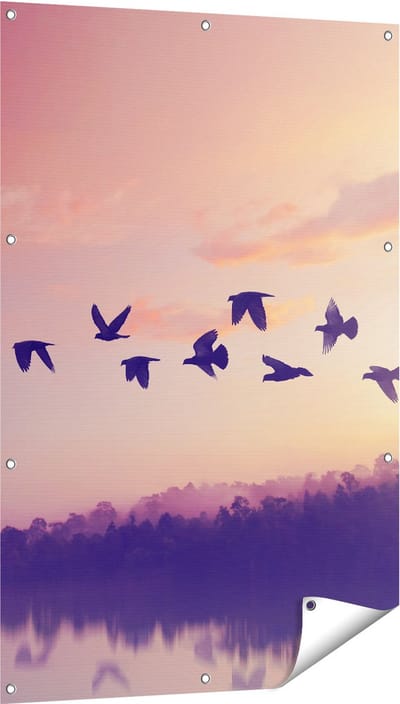 Gards Tuinposter Silhouet Vogels tijdens Zonsondergang - 80x120 cm - Tuindoek - Tuindecoratie - Wanddecoratie buiten - Tuinschilderij