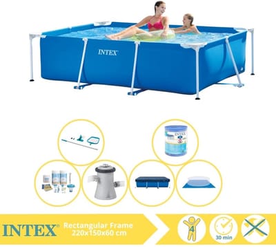 Intex Rechthoekig Frame Zwembad - 220 x 150 x 60 cm - Blauw - Inclusief Afdekzeil - Onderhoudspakket - Zwembadfilterpomp - Filter - Grondzeil - Schoonmaakset - 7-delig