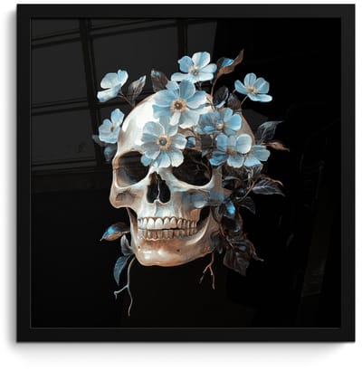 Poster in lijst - Fotolijst 40x40 cm - Posters - Schedel - Blauw - Bloemen - Bladeren - Posterlijst zwart - Decoratie - Wanddecoratie woonkamer - Muurdecoratie slaapkamer