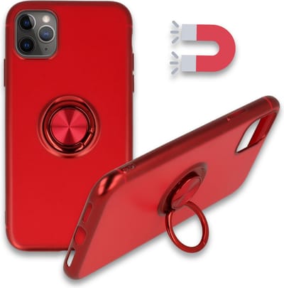 HB Hoesje Geschikt voor Apple iPhone 11 Pro - Rood - Siliconen Back Cover met Ring Kickstand - Geschikt voor Magneet Houders