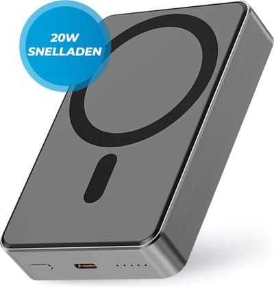 Draadloze Powerbank 10000mAh - 20W Snellader - Geschikt voor MagSafe - 1x USB C input en output - USB-C kabel en Magnetische ring meegeleverd - Powerbank klein - Powerbank lichtgewicht - Zwart