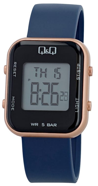 Q&Q model M207j009y-(sport) horloge-Digitaal-stopwatch-donkerblauw siliconen band -datum-5 bar waterdicht-2 tijden-alarm-timer