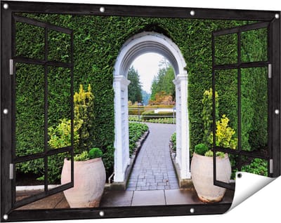 Gards Tuinposter Doorkijk Doorkijk met Potten - 120x80 cm - Tuindoek - Tuindecoratie - Wanddecoratie buiten - Tuinschilderij