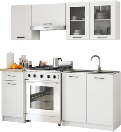 Oliwia Bkeukenmeubelset met Vitrine - 1.8M - Wit Mat - Met 5 Elementen - Incl. Sonoma Eiken Blad