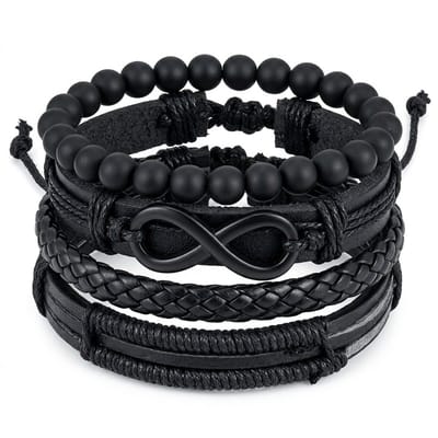 4 delige set zwarte armbanden voor heren en dames – combinatie van imitatieleer en kralen – verstelbaar – met infinity symbool – unisex design