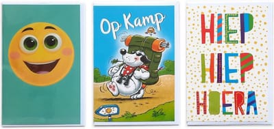 3 Wenskaarten – Op Kamp + Hiep Hiep Hoera + Smiley – 12 x 17 cm – KAM-302
