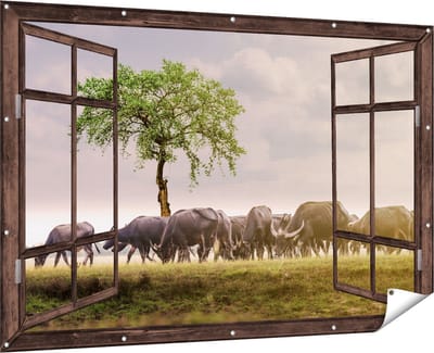 Gards Tuinposter Doorkijk Kudde Buffels bij een Boom - 180x120 cm - Tuindoek - Tuindecoratie - Wanddecoratie buiten - Tuinschilderij