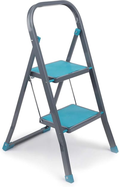 Famanu - 2-traps stalen trapladder met antislip treden en veiligheidsclip, voor binnen en buitengebruik, turquoise/grijs