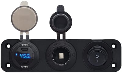ProRide 12V USB C Autolader 2 Poorten - 45W/QC3.0 - Drievoudig inbouw paneel - Sigaretten stopcontact en Schakelaar