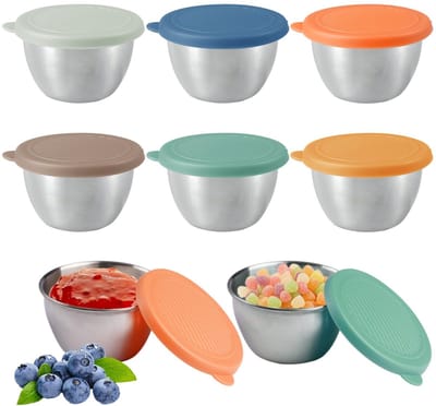 Dailygoods- Saladedressing Containers 6 Stuks - Roestvrij Stalen Sausbakjes - Kleurrijke Siliconen Deksels - Lekvrij en Herbruikbaar - Vaatwasmachinebestendig - Lichtgewicht 80ml - Sauzenbakjes