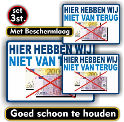 Jerma - Wij hebben niet terug van € 200 en € 500 - set - 20x14 - 2x 13x9 cm - Weerbestendig - Vinyl