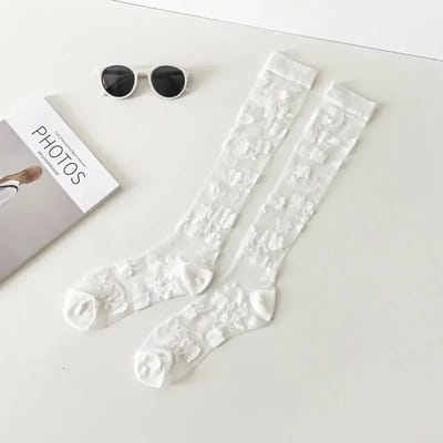 Zomer Ultra-dunne Transparante Nylon Lange Sokken Kousen Japanse Mode Bloem Kniekousen Vintage Kristal Zijde Sokken Kousen One Size