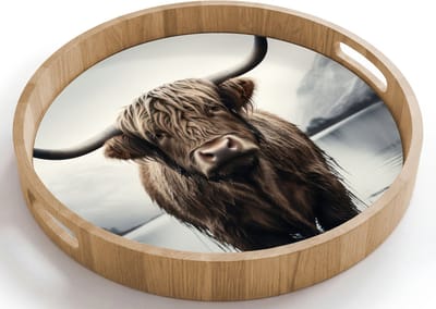 Dienblad rond 40x40 cm - Schootdienblad hout - Schotse hooglander - Water - Nat - Borrelplank rechthoek - Plateau houten dienbladen