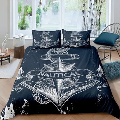 Nautische Dekbedovertrek Set Boot Piraat Beddengoed Set King Size Retro Zeilboot Bruin Dekbedovertrek Anker Kompas Vintage Quilt Set EU Double(200x200cm)