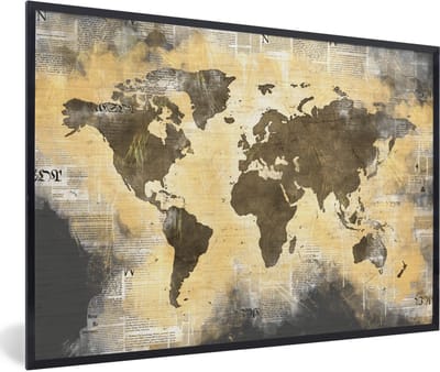 Poster in lijst - Fotolijst 90x60 cm - Posters - Wereldkaart - Gouden - Krant - Posterlijst zwart - Decoratie - Wanddecoratie woonkamer - Muurdecoratie slaapkamer