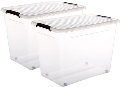 5Five opberg kist met deksel - 2x - Clip Box - 80 liter - 58 x 39 x 43 cm - kunststof - transparant - met wielen