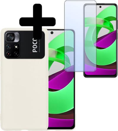 Hoesje - Met Screenprotector - Geschikt voor Xiaomi Poco M4 Pro 5G - Sterk & Shockproof - Back Cover - Siliconen Case - Telefoon Hoes - Telefoonhoesjes - Wit