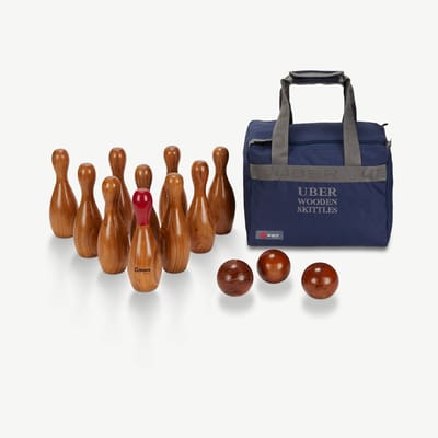 Uber Bowling Skittles Set - Eco Hardhout - in luxe draagtas - 23 cm hoog