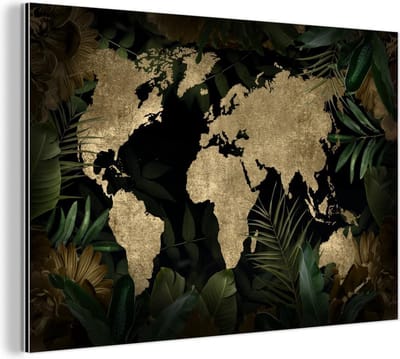 Wanddecoratie Metaal - Aluminium Schilderij Industrieel - Wereldkaart - Vintage - Tropische Planten - 120x80 cm - Dibond - Foto op aluminium - Industriële muurdecoratie - Voor de woonkamer/slaapkamer