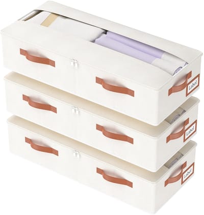 3 Stuks Ladenkast voor Onder Bed, Opbergbox voor Onder Bed Non-Woven, Opvouwbare Opbergzak, met Doorzichtige Deksel en Handgrepen, voor Slaapkamer, 60x30x15cm, Beige