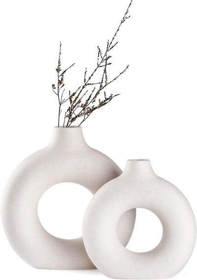 Famanu – Set van 2 witte keramische donut-vazen - rond - modern - pampasgras - neutraal - boho - Scandinavisch