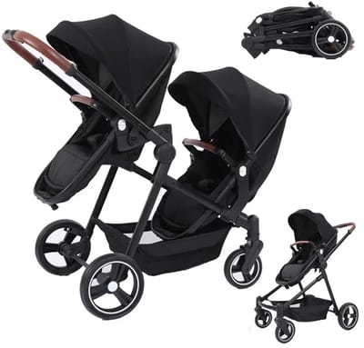 Velmio Tweeling buggy - Duo kinderwagen - Dubbele kinderwagen - Incl. 2 Omvormbare Zitjes & Reiswiegjes - Schokabsorberend - Duo Buggy - Verstelbaar - Zwart