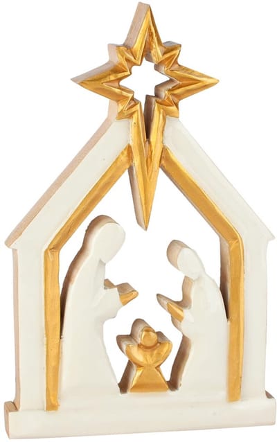 Dekoratief | Kerststal m/ster, wit/goud, hout, 15x3x23cm | A258404
