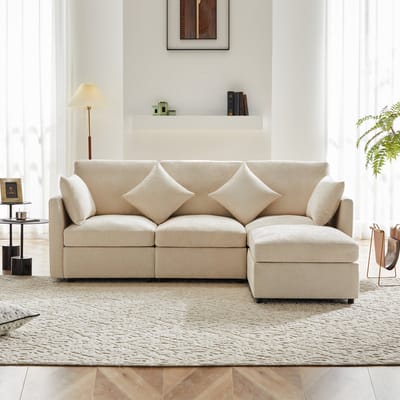Modulaire L-vorm bank met beweegbare hocker - voor woonkamer, appartement, kantoor - 3-4 personen, 216x161x81 cm - beige - 4 chenille kussens - ergonomische diepe zit - video beschikbaar