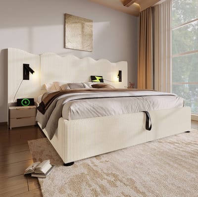 MEUNIQ Gestoffeerd tweepersoonsbed 180 x 200 cm met draaibare leeslamp, USB- en Type-C-aansluitingen en hydraulische opbergruimte, beige-wit