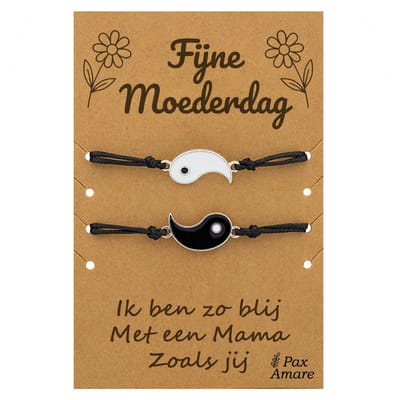 Moeder Kind Armbandjes voor 2 "Fijne Moederdag" - Yin Yang - Vriendschapsarmbandjes met Persoonlijk Cadeau Kaartje - Zilverkleurig - Elastisch Verstelbaar - Pax Amare
