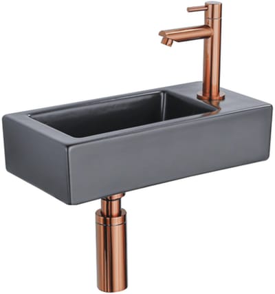 QeramiQ Fuente Fonteinset - 37.5x18.5x9cm - keramiek - kraangat rechts - fonteinkraan geborsteld koper - afvoerplug - verlaagd sifon - Mat Zwart