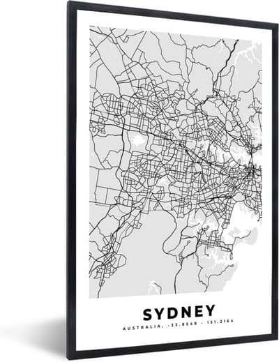 Fotolijst incl. Poster Zwart Wit- Sydney - Stadskaart - Plattegrond - Zwart Wit - Kaart - 40x60 cm - Posterlijst