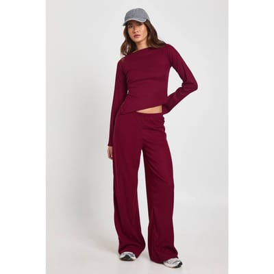 boohoo Dames Geribbelde Co Ord Set met Getailleerde Taille en Wijde Pijpen | Wijn | Maat: 38