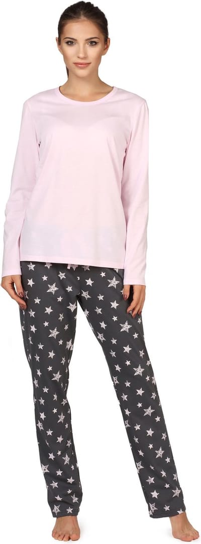 Bellivalini Dames Pyjama - Lange mouwen - Lange broek - Katoen - BLV-BLV50-167-PJ - Roze Grafiet Sterren - L