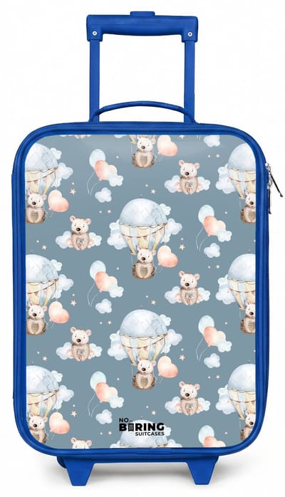 NoBoringSuitcases.com® - Kinderkoffer blauw - Kindertrolley jongen - Beertjes in luchtballonnen tussen wolken en ballonnen - Koffer kind lichtgewicht - Reiskoffer trolley voor kinderen - Koffertje met lichtgevende wieltjes - Rolkoffer