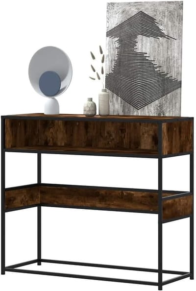Consoletafel Hout - Smal bijzettafel - Woonkamer Inrichting - Stabiel metalen frame - 90 x 35 x 80 cm - Rookeiken