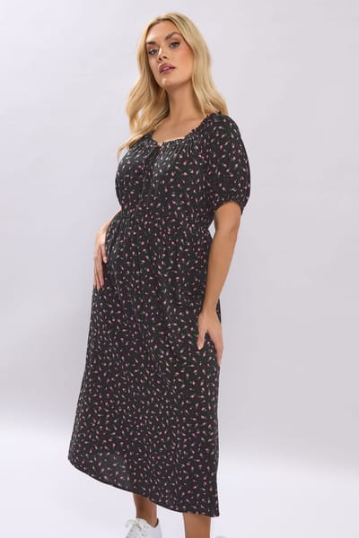 Yours Zwarte Midijurk Met Fijne Bloemenprint Size 42
