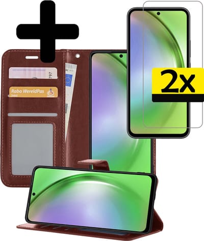 Hoesje - Met 2x Screenprotector - Geschikt voor Samsung Galaxy A54 - Luxe Pasjeshouder - Bookcase Portemonee - Flip Case - Kunstleer Book Case - Flipcase Hoes - Book Cover - Walletcase - Portemonneehoes - Telefoonhoesjes - Bruin