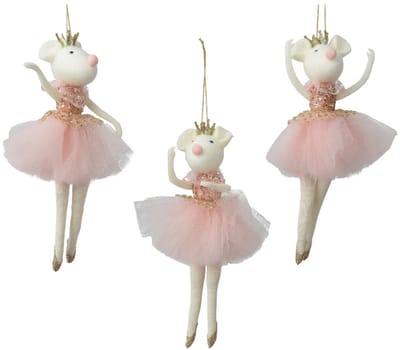 Decoris kersthanger muis polyester roze tule glitter 19,5cm kerstboom.