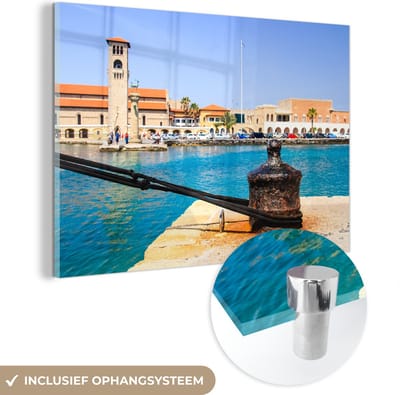 ® Glasschilderij 180x120 cm - Schilderij acrylglas - Schitterend blauw water in de zee bij de Oude stad van Rhodos - Foto op glas - Muurdecoratie woonkamer - Wanddecoratie slaapkamer - Schilderijen