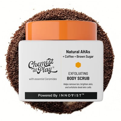 Chemist At Play Gommage Corporel Exfoliant pour Éliminer le Bronzage & les Cellules Mortes | Texture Rugueuse & Granuleuse, Zones Bronzées & Pigmentées | Soin Lisse, Doux & Éclatant | orange